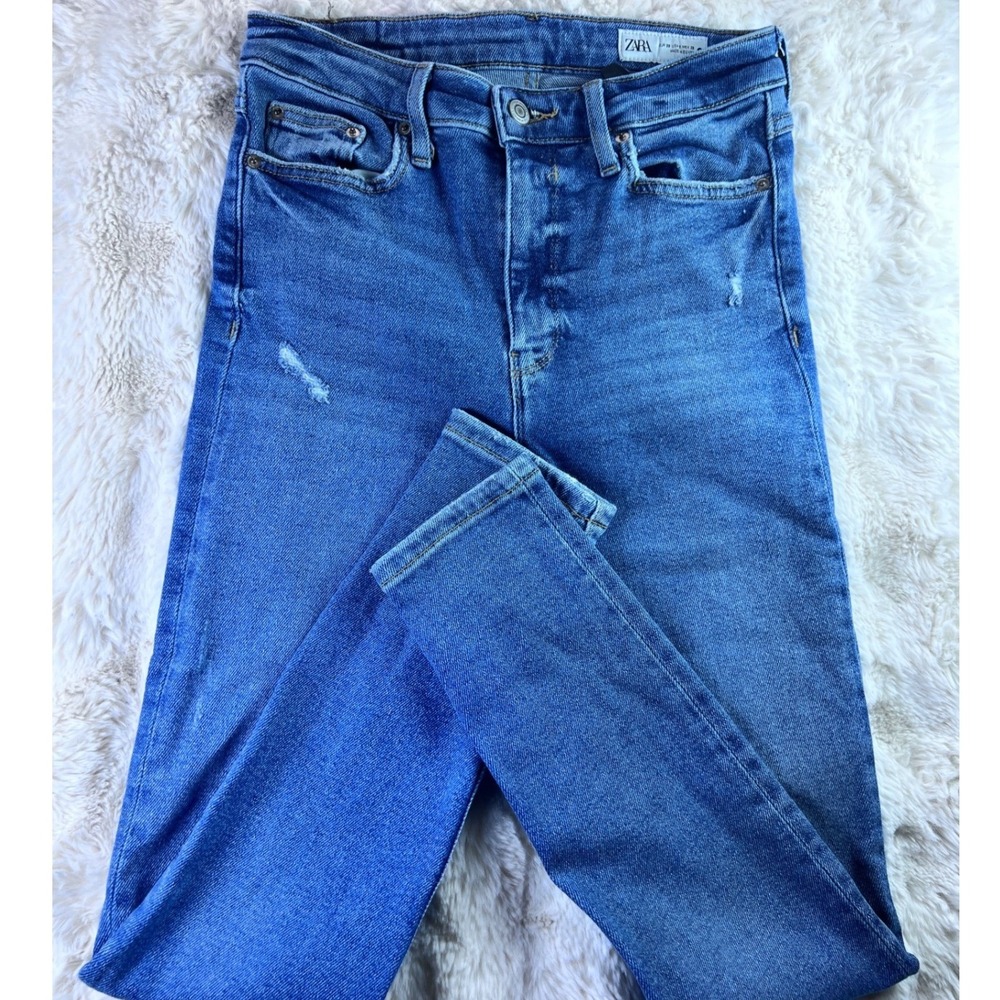 Zara High Waisted Skinny Jeans Blue Distressed Button Fly Size 6x28. A23